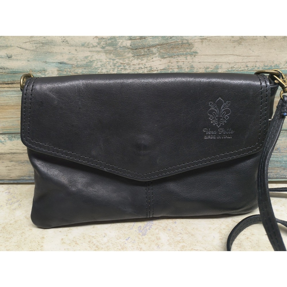 Vera Pelle Italian Black Leather Small Crossbody Purse - Picture 2 of 7